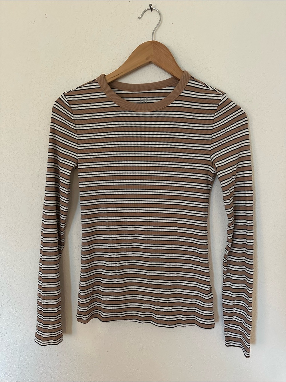 GAP Brown and White Striped Long-Sleeve Crewneck Top